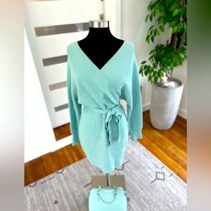ZESICA Women's Long Batwing Sleeve Wrap V Neck Knitted  Sweater Dress-Mint Green